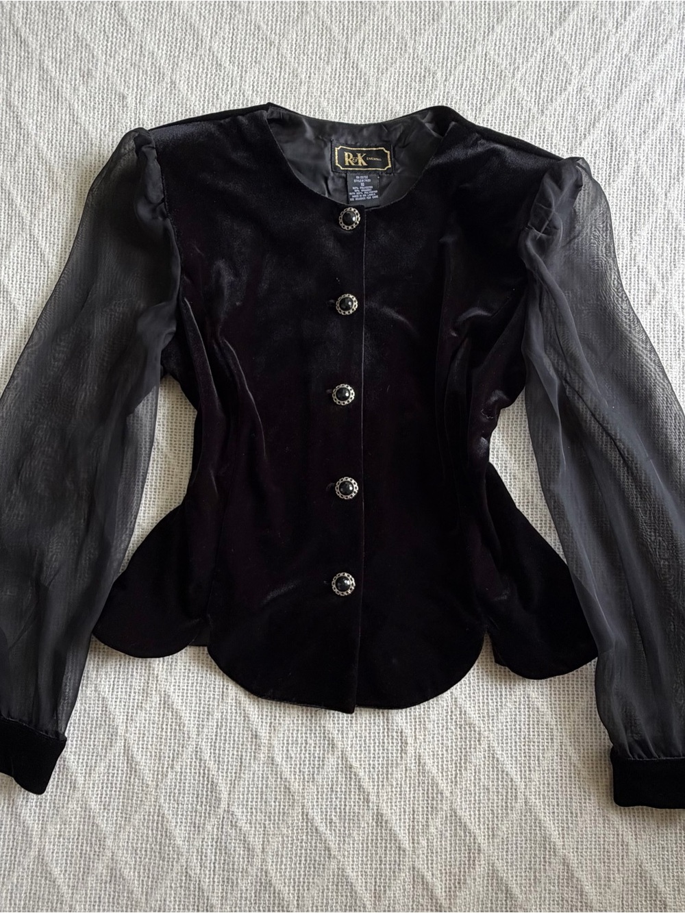 Vintage 90s R&K Black Velvet Peplum Jacket with Sheer Sleeves